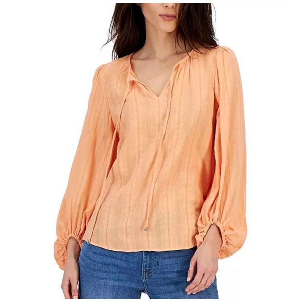 TOMMY HILFIGER - 🎉HP🎉NWT - L Sz XL Textured Tie Puff-Sleeve Peasant Top/Coral